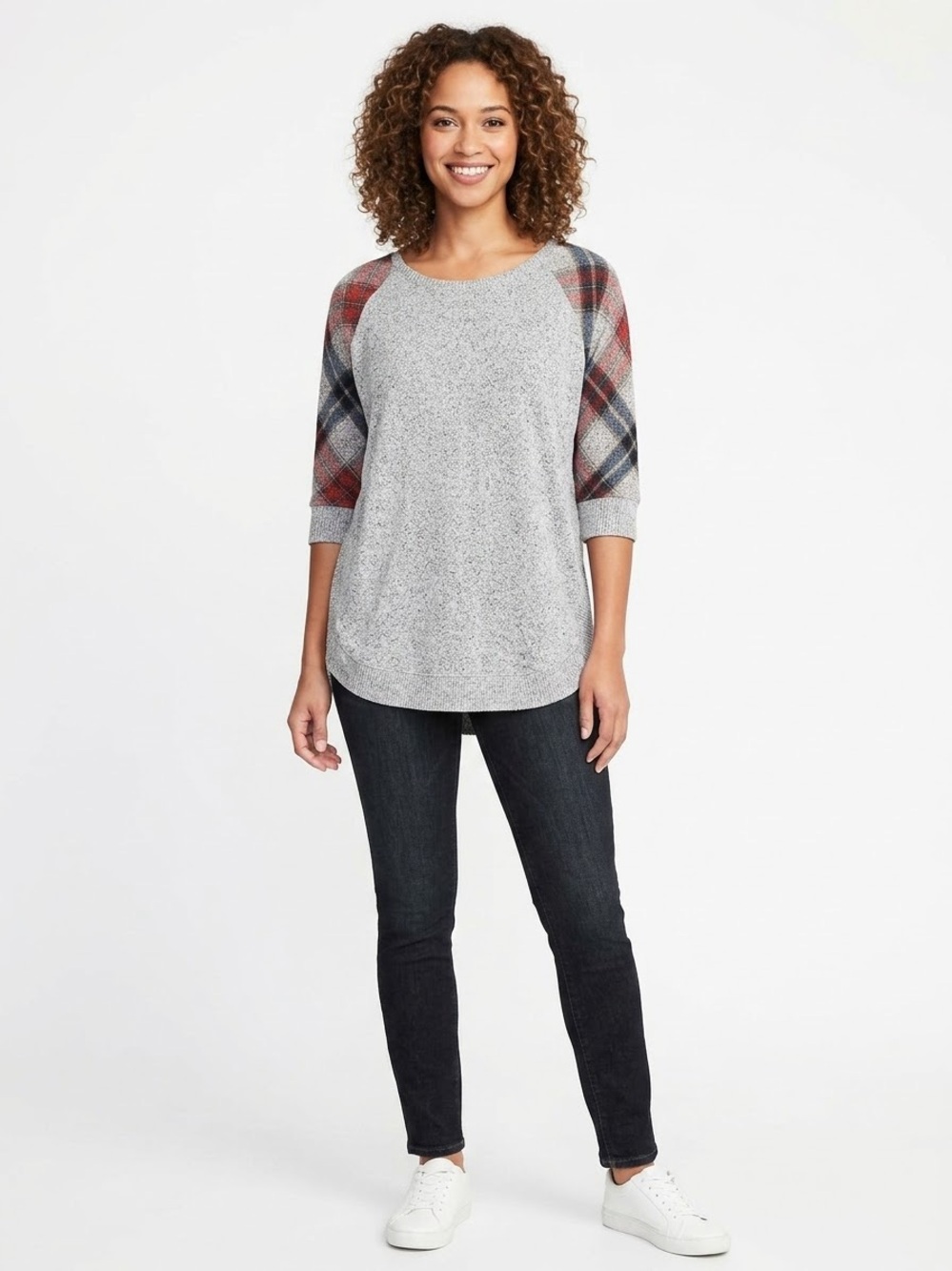 Maurices Gray Crewneck Sweater with Red Plaid Raglan Sleeves